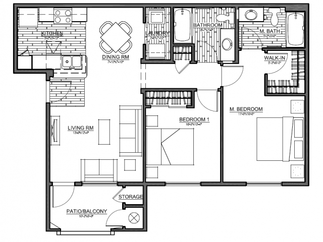Floor plan for 2 beds, 2 baths, 976 sqft